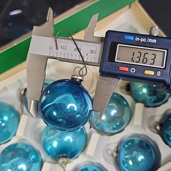 Vintage Glass Christmas Balls Ornaments Baubles BLUE Round Japan Caps Set Of 12 - Picture 10 of 14